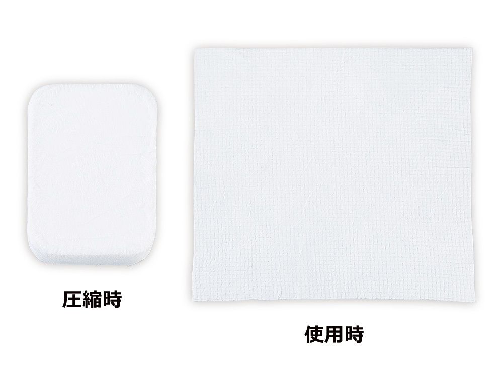 少量の水を加えるだけでハンドタオルに！