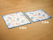 かや織ふきんは洗うと糊が落ち、繊維が引き締まるため縮みます