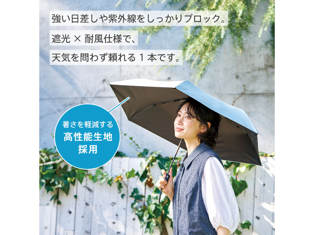 自動開閉遮熱遮光折りたたみ傘を女性が刺して微笑んでいる