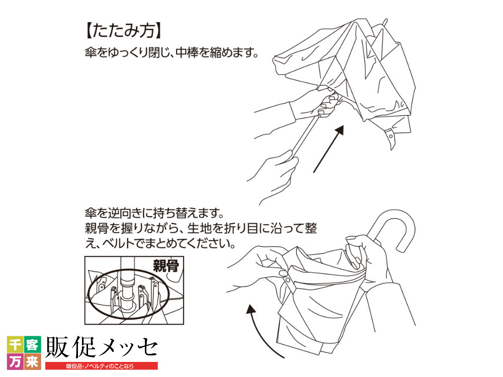 ドーム型ツートーン遮光折りたたみ傘の畳み方の説明図