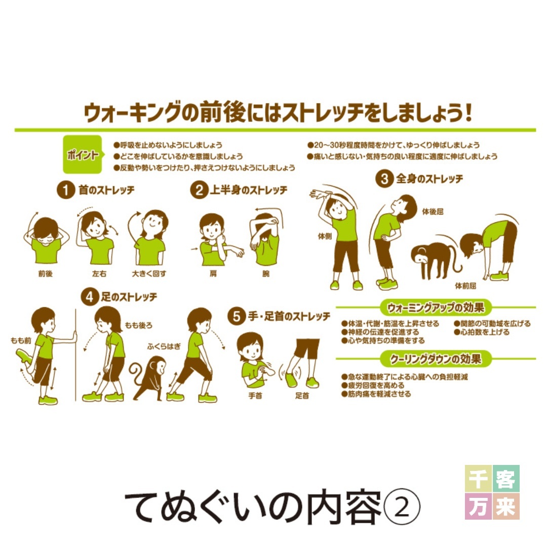 正しいウォーキングで健康づくり！手ぬぐい　図解で説明