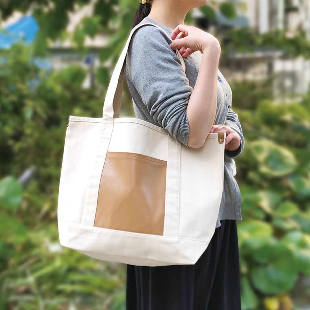 厚手キャンバス レザーポケットトート ナチュラル